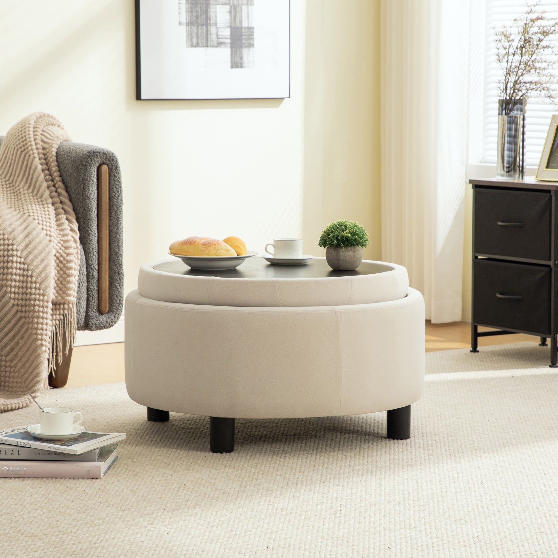Living Room Beige Polyester Storage Ottoman - 29.33" Round Footstool with Fleece