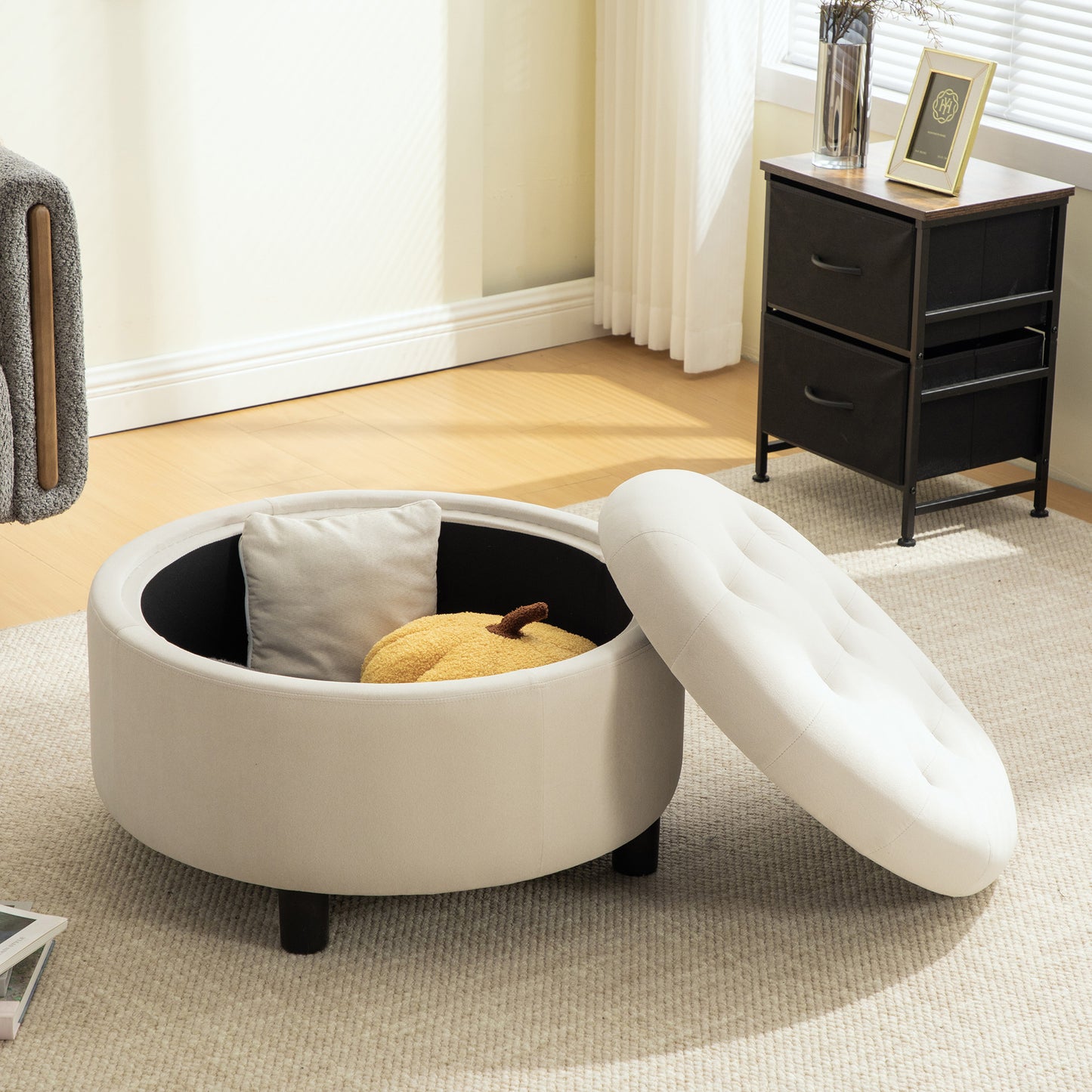 Living Room Beige Polyester Storage Ottoman - 29.33" Round Footstool with Fleece