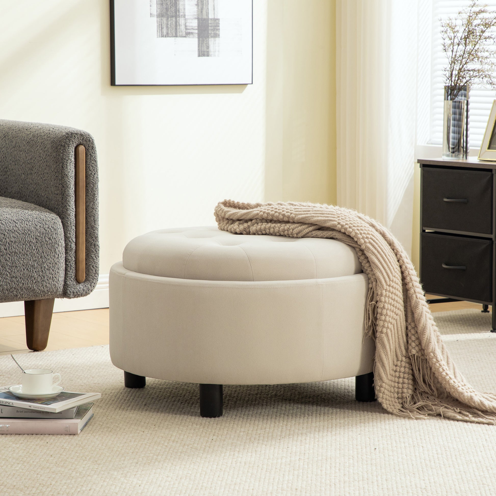 29.33"W Upholstered Round Ottoman With Reversible Lid, Fleece Fabric Storage Stool, Hand-pulled buckle decoration Design Footstool for Living room, Bedroom and Office,Beige