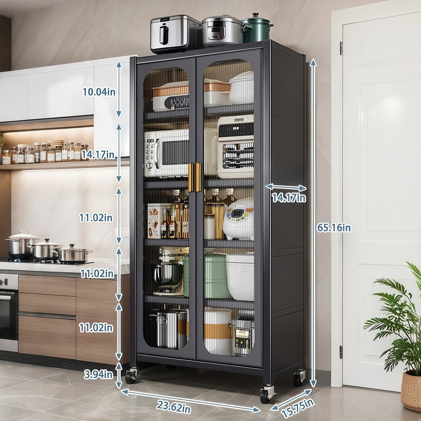 65" Gray Kitchen Pantry Cabinet - Adjustable Shelves & Wheels