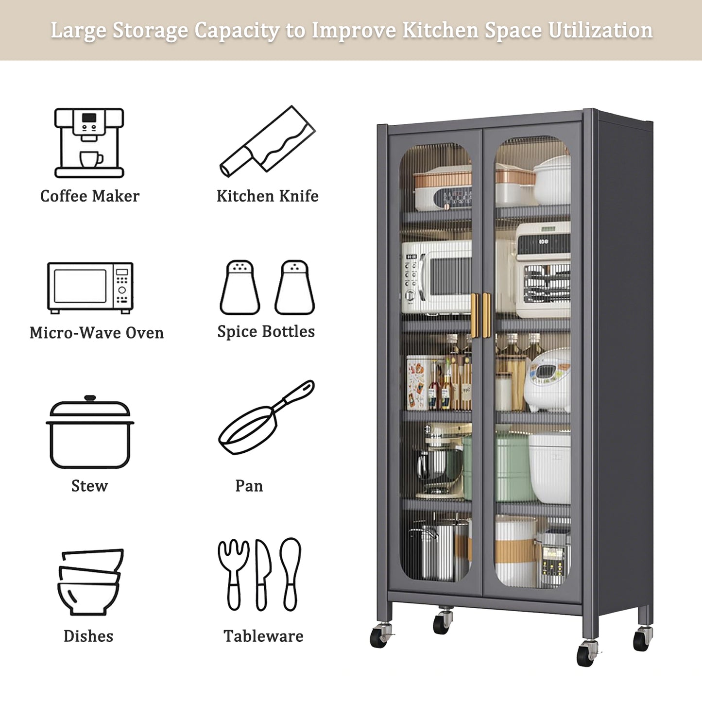 65" Gray Kitchen Pantry Cabinet - Adjustable Shelves & Wheels