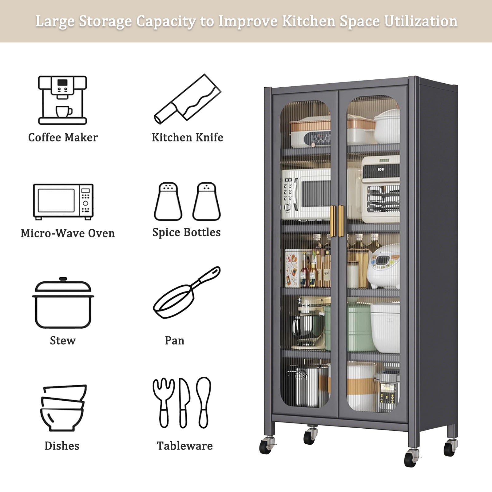 65" Gray Kitchen Pantry Cabinet - Adjustable Shelves & Wheels