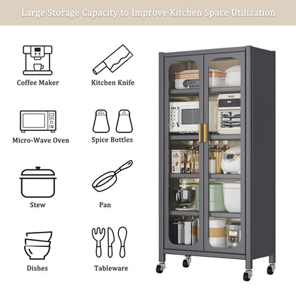 65" Gray Kitchen Pantry Cabinet - Adjustable Shelves & Wheels