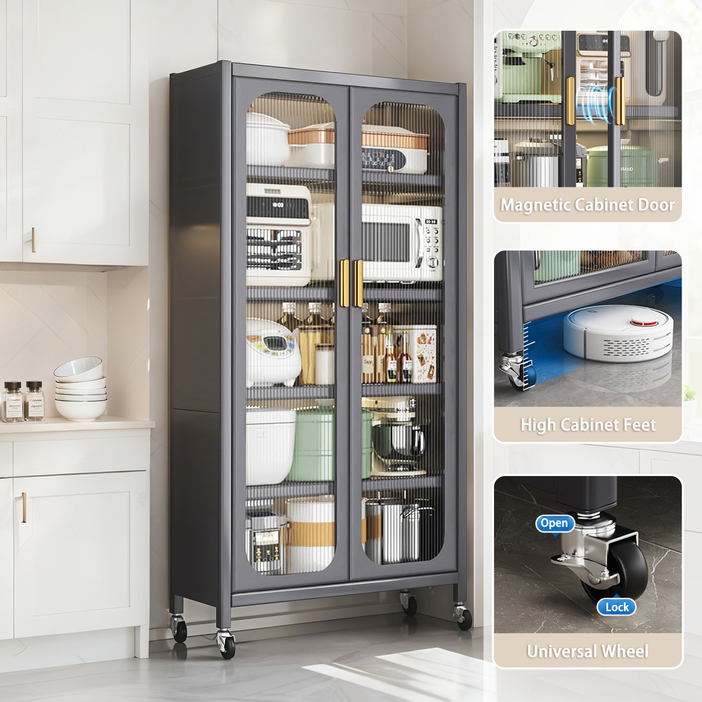 65" Gray Kitchen Pantry Cabinet - Adjustable Shelves & Wheels