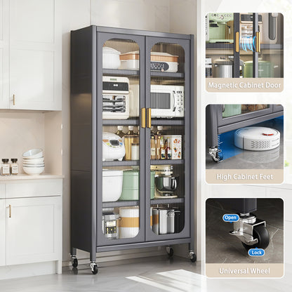 65" Gray Kitchen Pantry Cabinet - Adjustable Shelves & Wheels