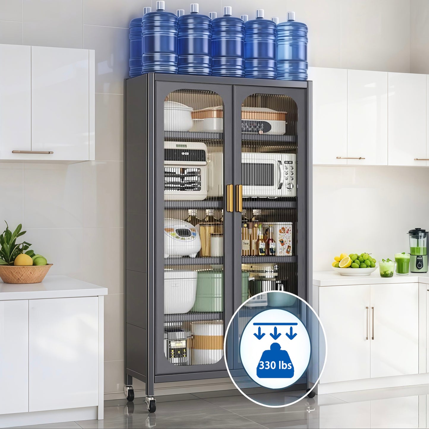 65" Gray Kitchen Pantry Cabinet - Adjustable Shelves & Wheels