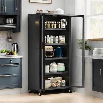 65" Gray Kitchen Pantry Cabinet - Adjustable Shelves & Wheels