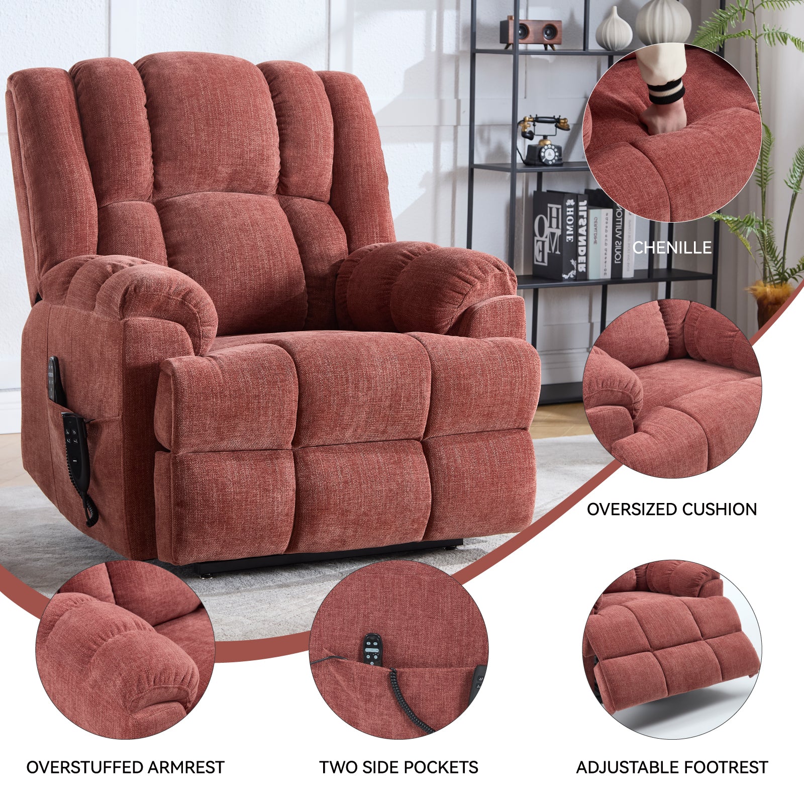 Red Chenille Power Lift Recliner - 350 lb Capacity for Living Room