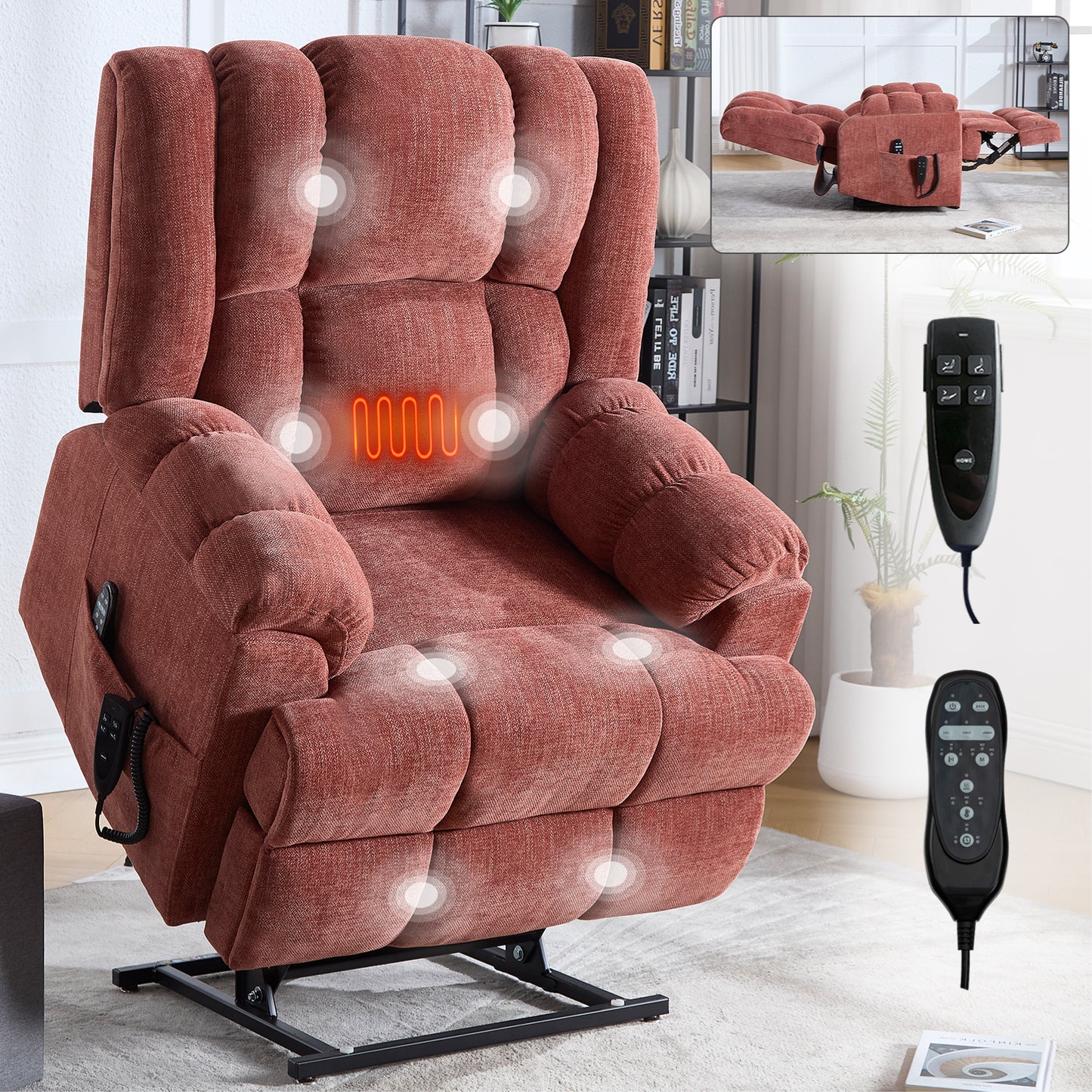 Red Chenille Power Lift Recliner - 350 lb Capacity for Living Room