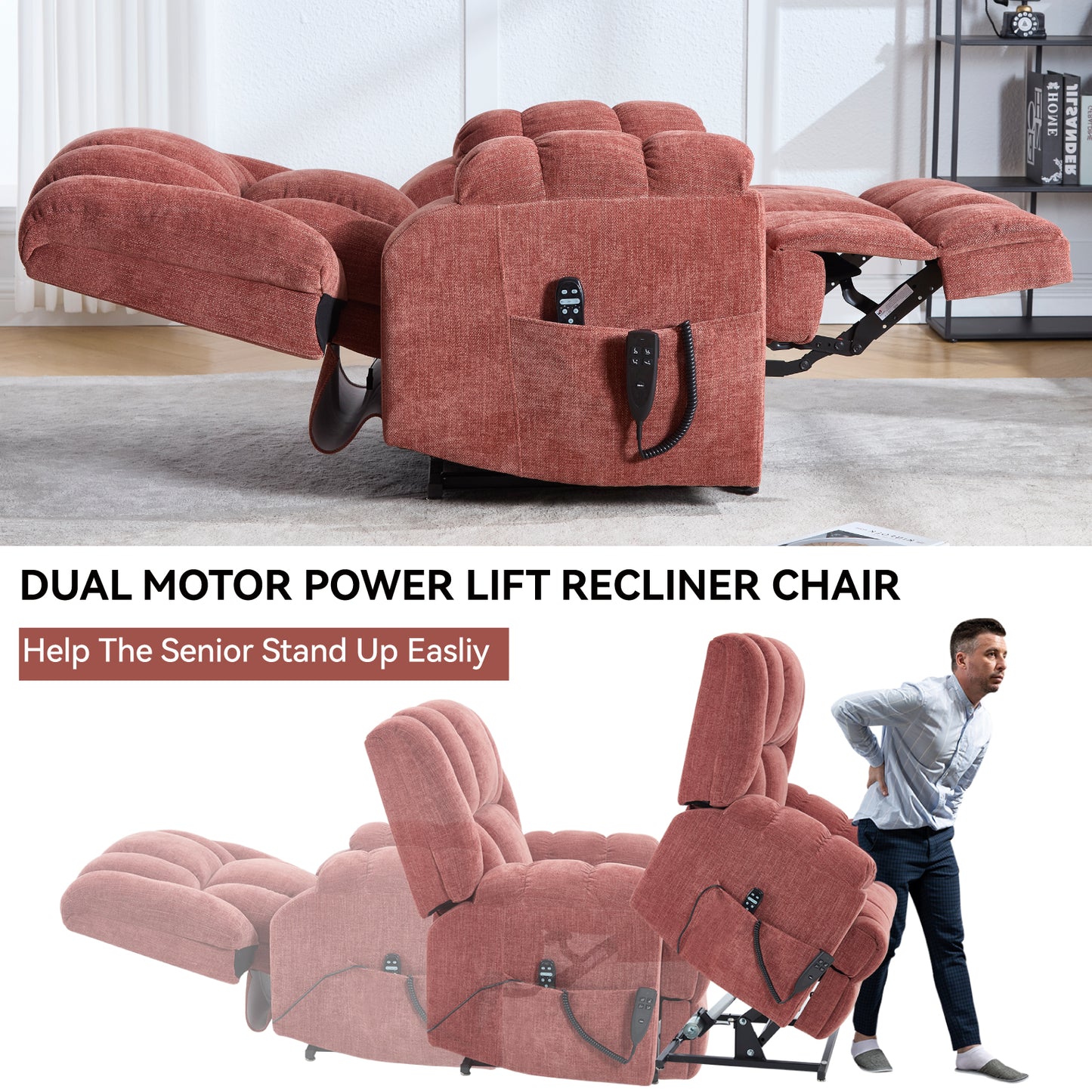 Red Chenille Power Lift Recliner - 350 lb Capacity for Living Room