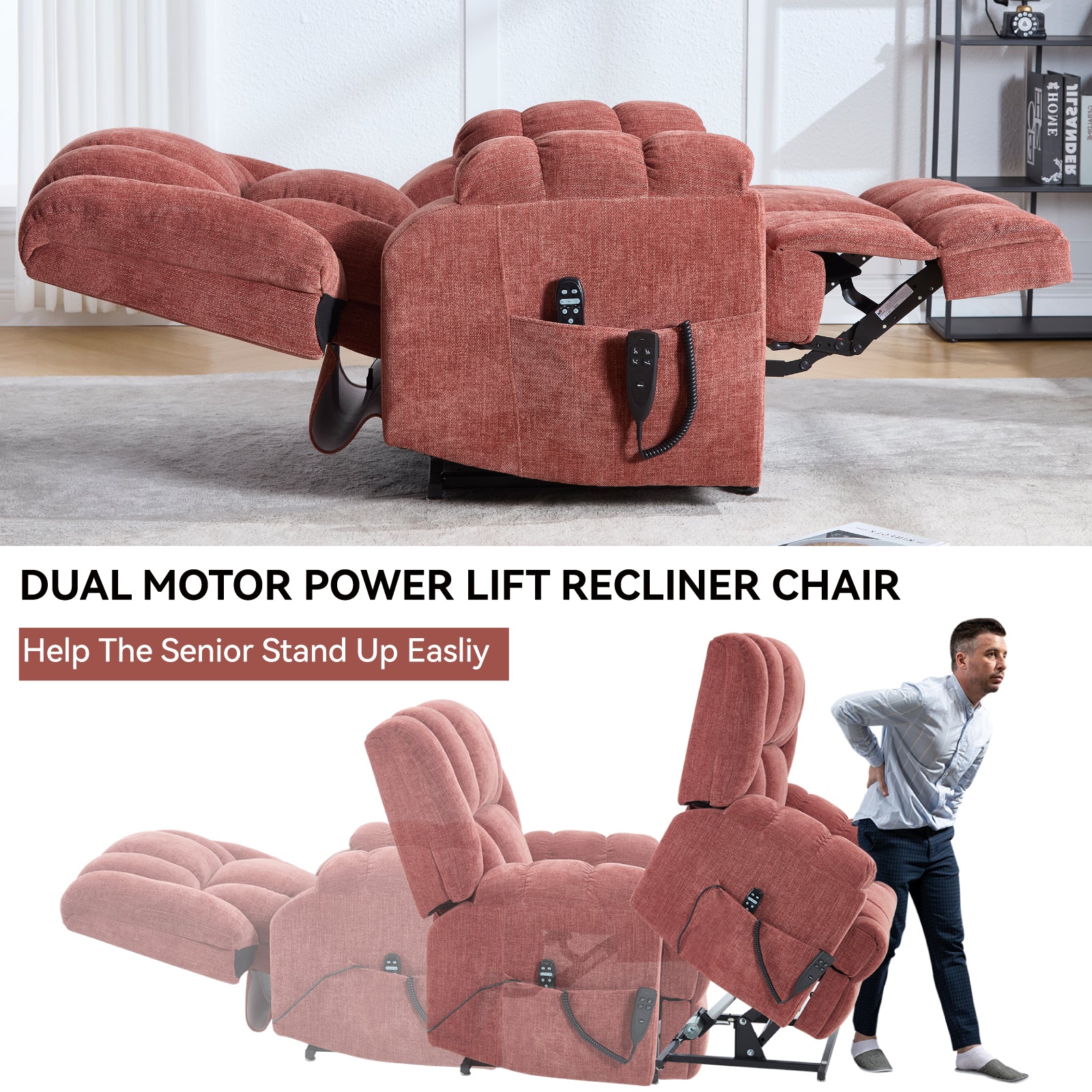 Red Chenille Power Lift Recliner - 350 lb Capacity for Living Room