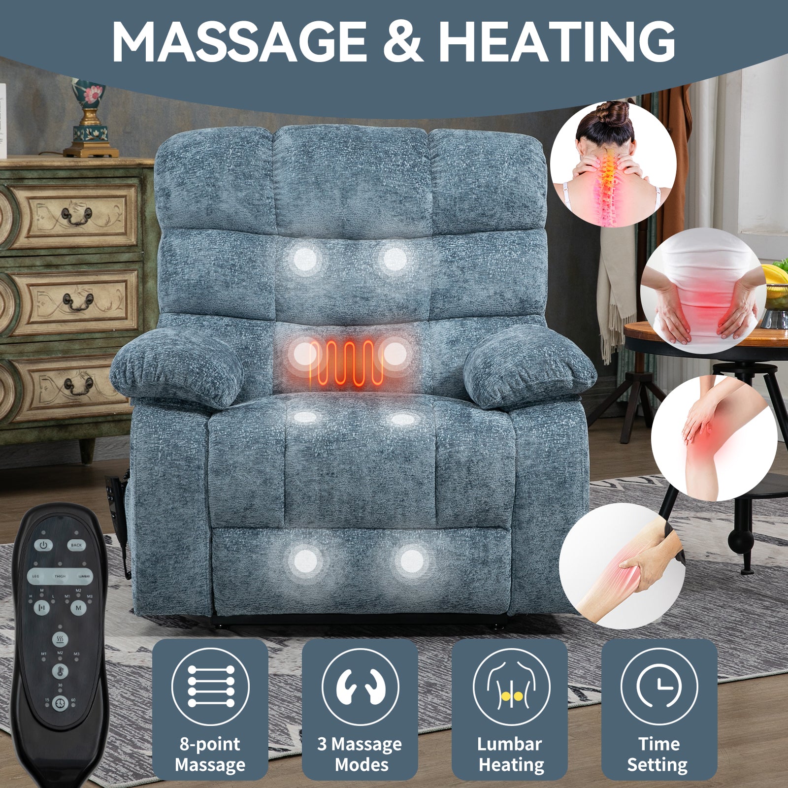 Oversized Blue Recliner Chair - Power Lift Massage