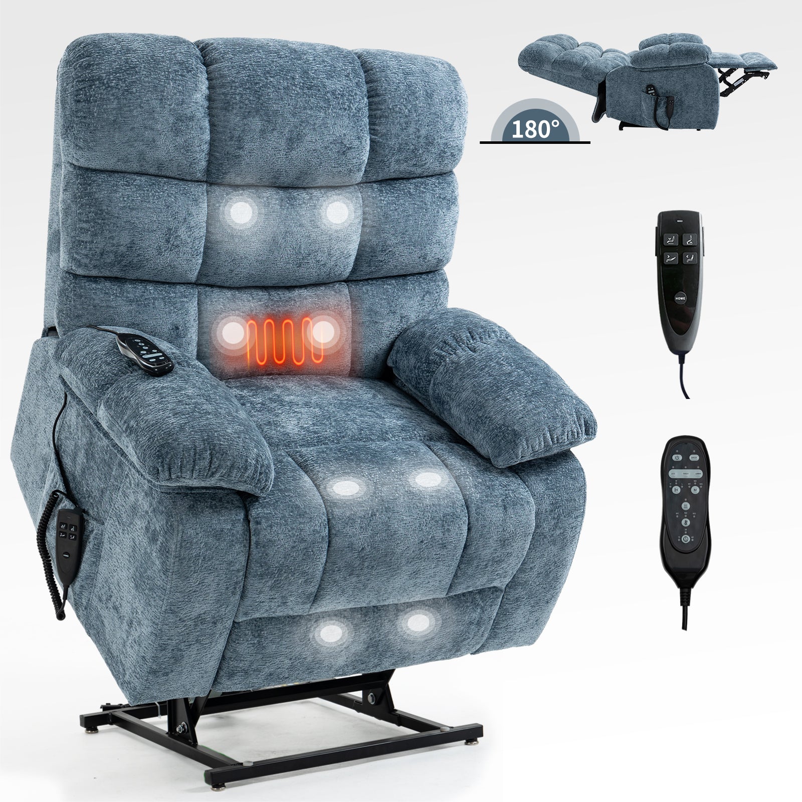 Oversized Blue Recliner Chair - Power Lift Massage