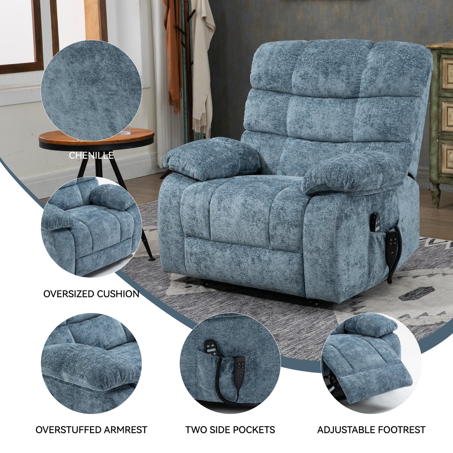 Oversized Blue Recliner Chair - Power Lift Massage