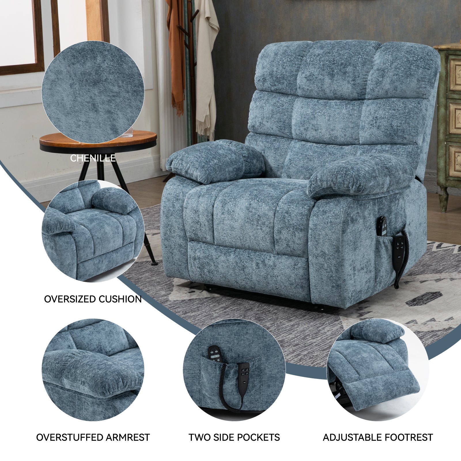 Oversized Blue Recliner Chair - Power Lift Massage
