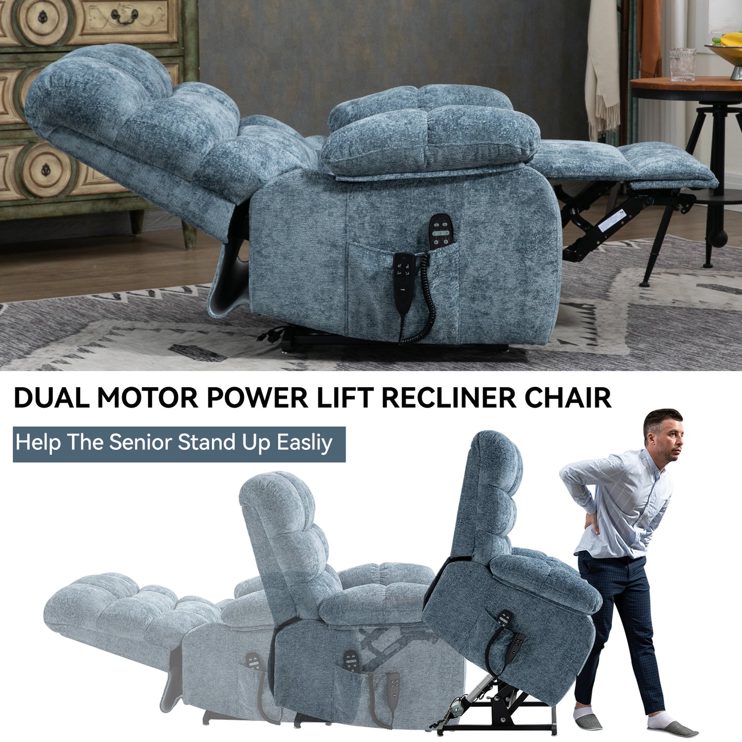 Oversized Blue Recliner Chair - Power Lift Massage