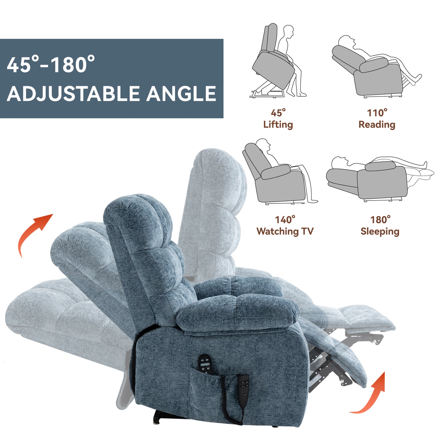 Oversized Blue Recliner Chair - Power Lift Massage