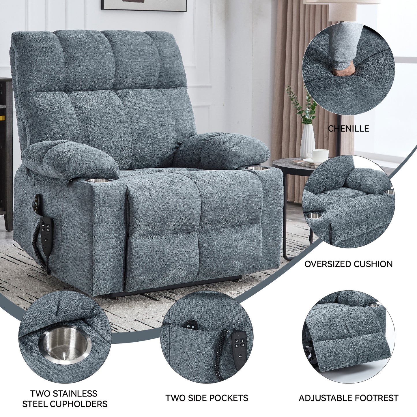 Grey-Blue Power Lift Recliner - 350 LBS Capacity, Massage & Heat