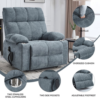 Grey-Blue Power Lift Recliner - 350 LBS Capacity, Massage & Heat