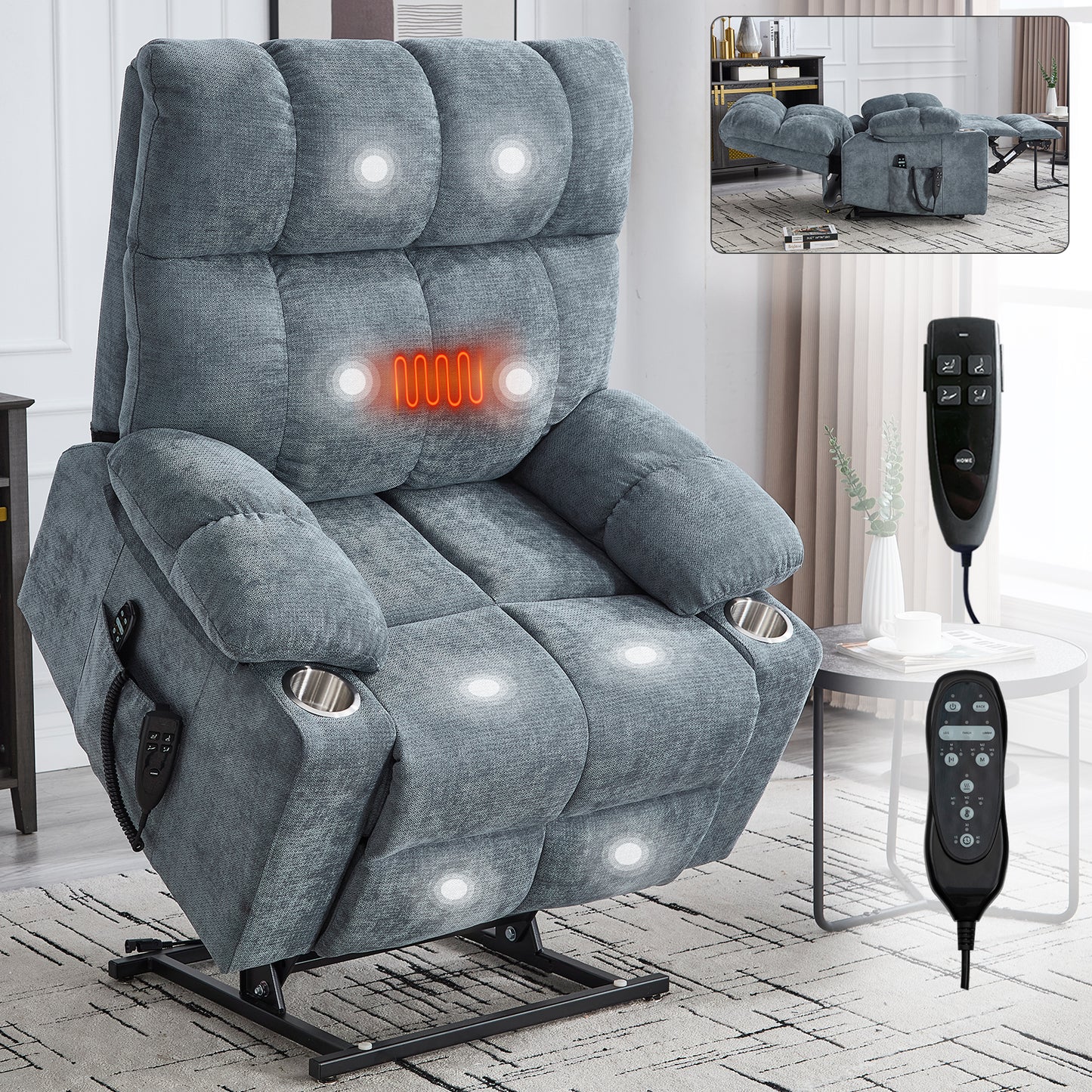 Grey-Blue Power Lift Recliner - 350 LBS Capacity, Massage & Heat