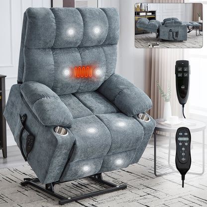 Grey-Blue Power Lift Recliner - 350 LBS Capacity, Massage & Heat