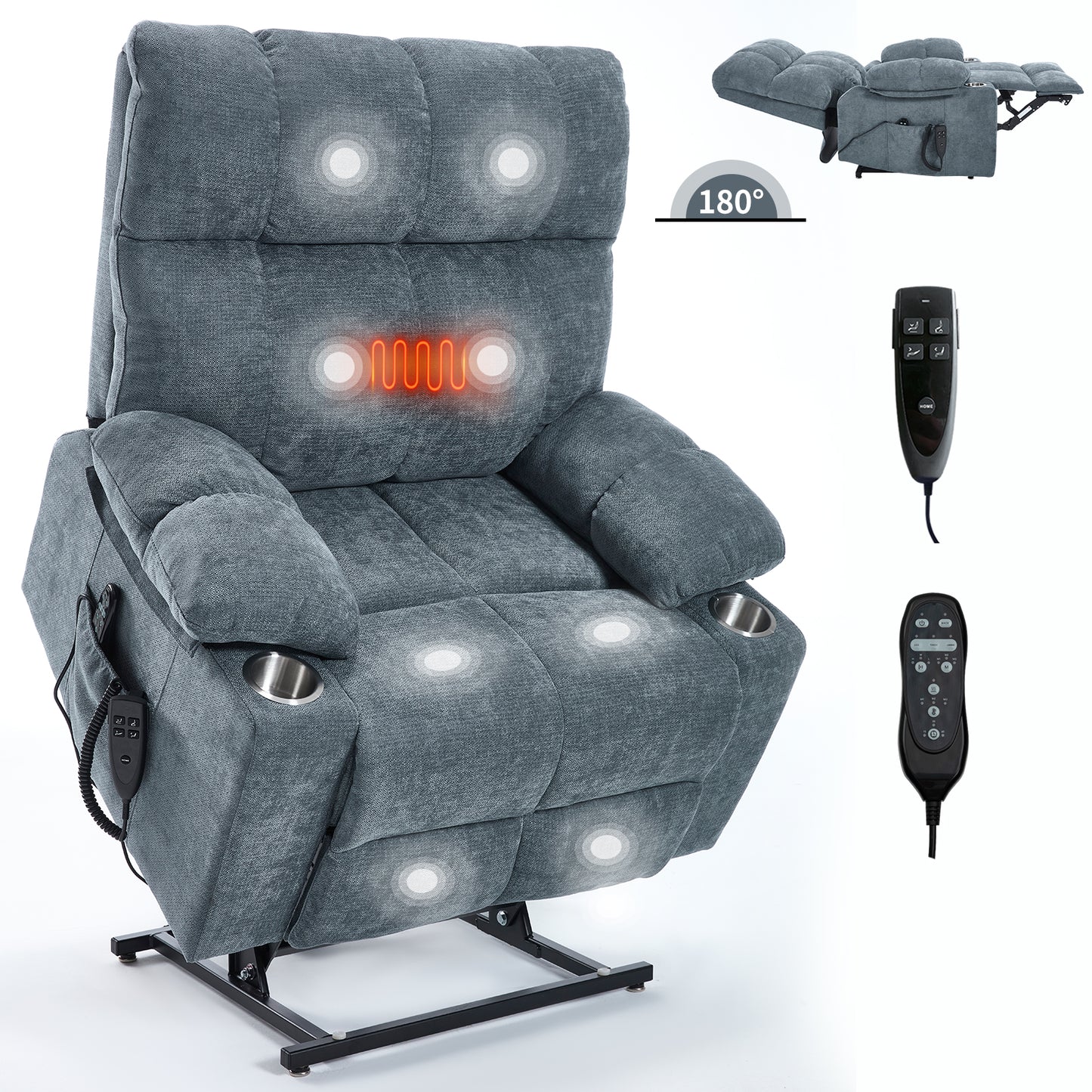 Grey-Blue Power Lift Recliner - 350 LBS Capacity, Massage & Heat