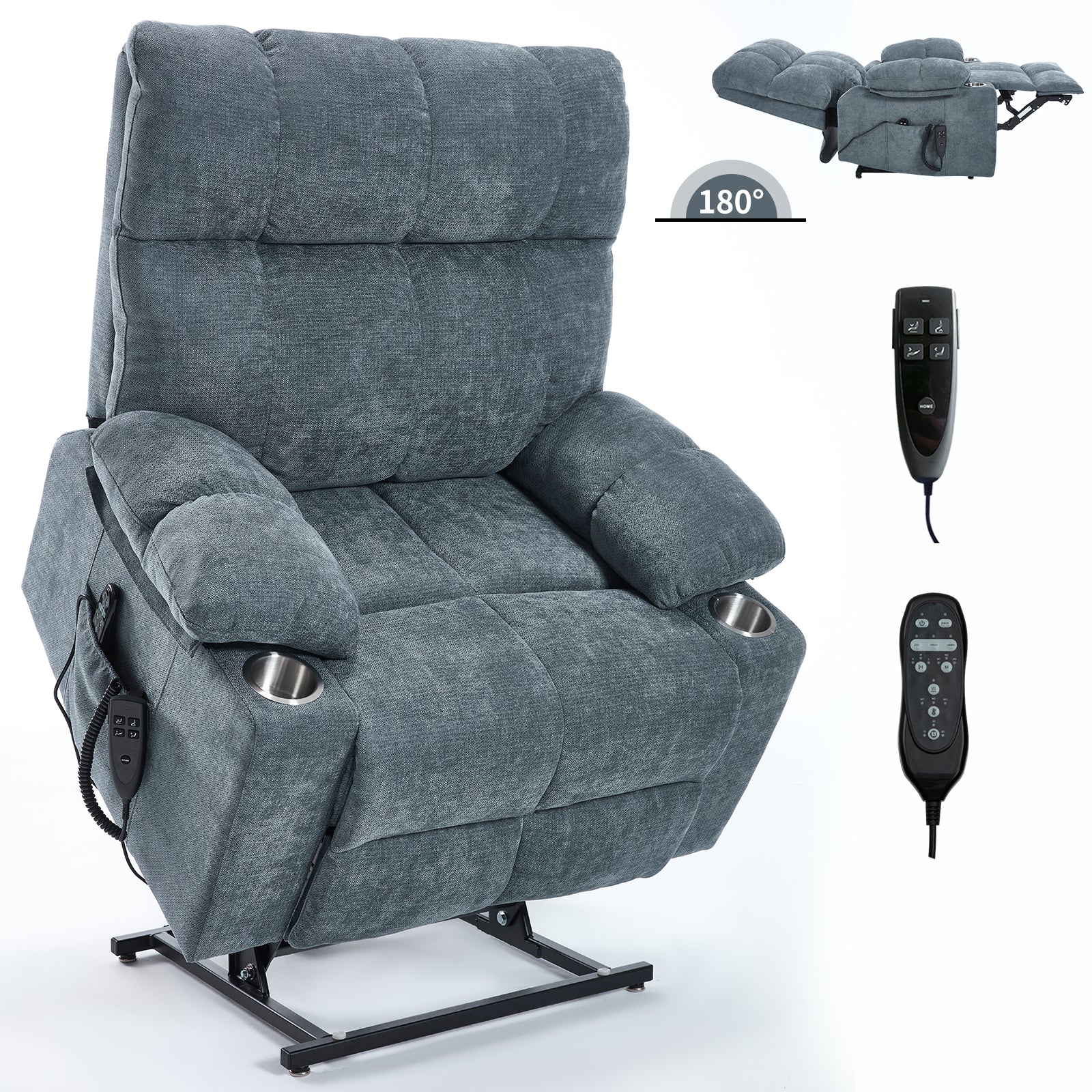 Grey-Blue Power Lift Recliner - 350 LBS Capacity, Massage & Heat