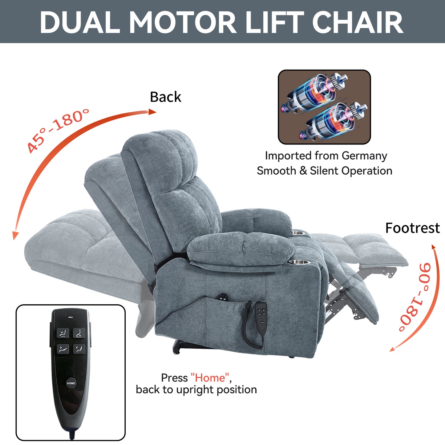 Grey-Blue Power Lift Recliner - 350 LBS Capacity, Massage & Heat