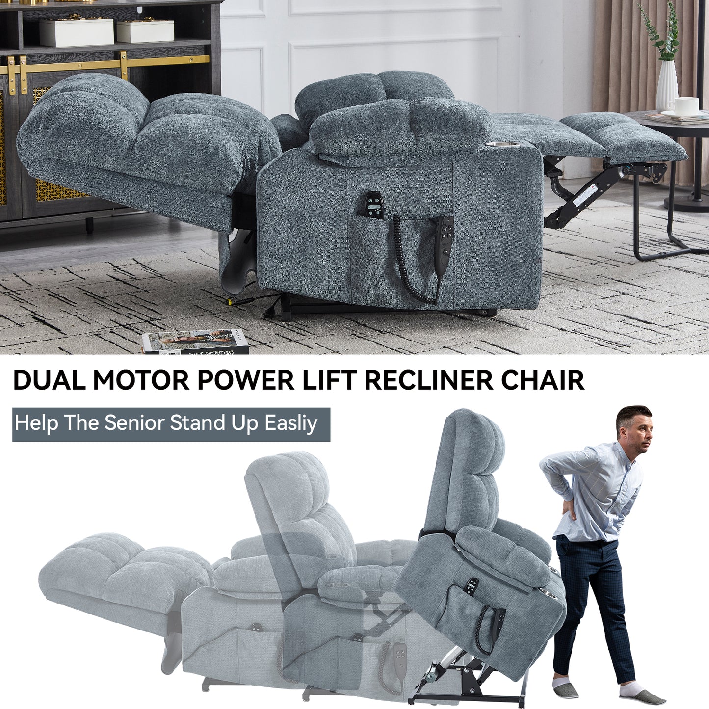 Grey-Blue Power Lift Recliner - 350 LBS Capacity, Massage & Heat