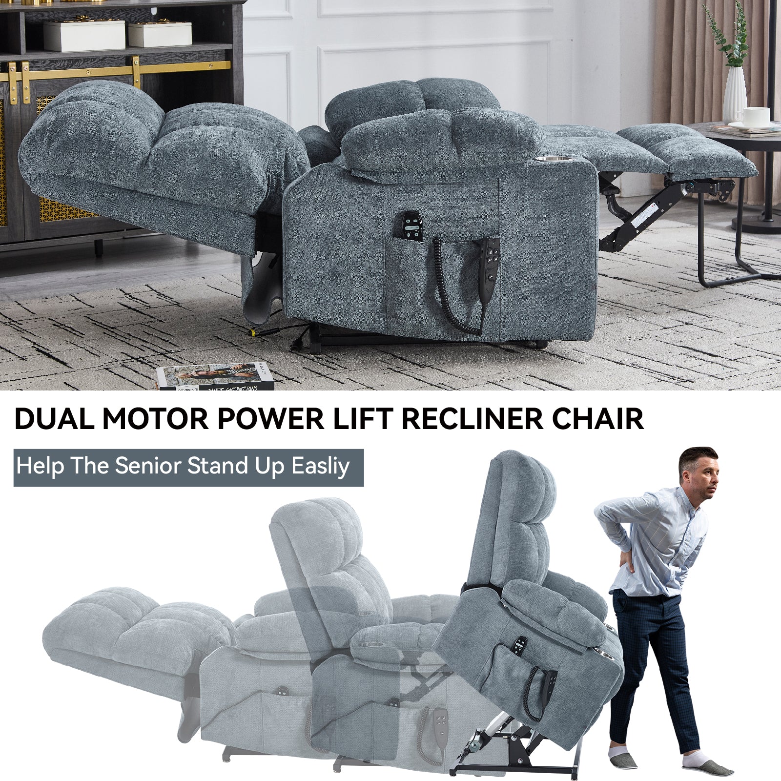Grey-Blue Power Lift Recliner - 350 LBS Capacity, Massage & Heat