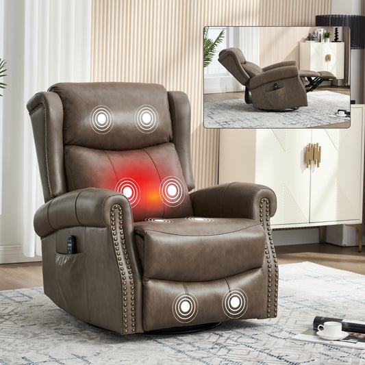 Genuine Leather Brown Gray Recliner Chair with Massage & Heat