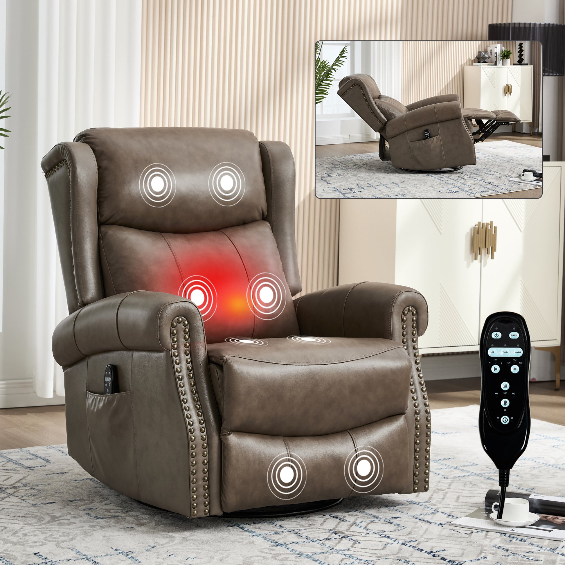 Genuine Leather Brown Gray Recliner Chair with Massage & Heat