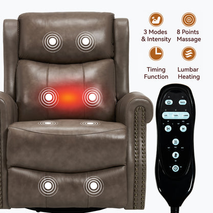 Genuine Leather Brown Gray Recliner Chair with Massage & Heat