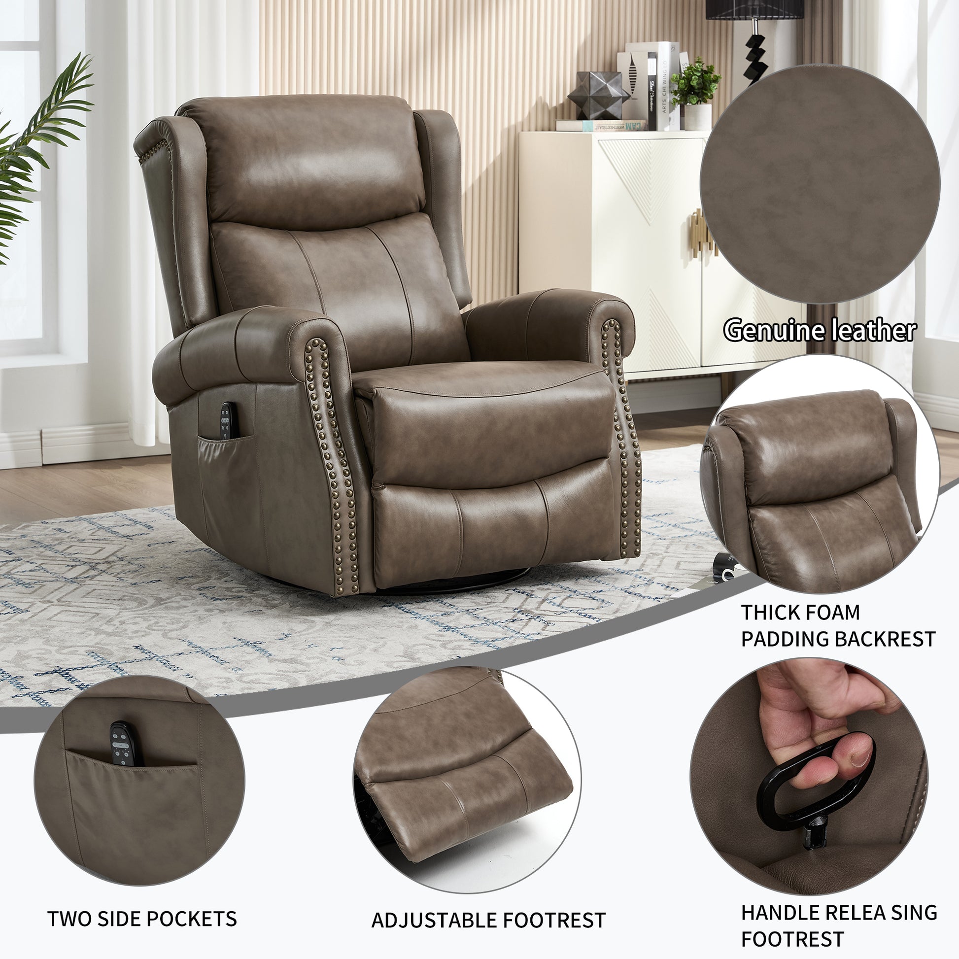 Genuine Leather Brown Gray Recliner Chair with Massage & Heat