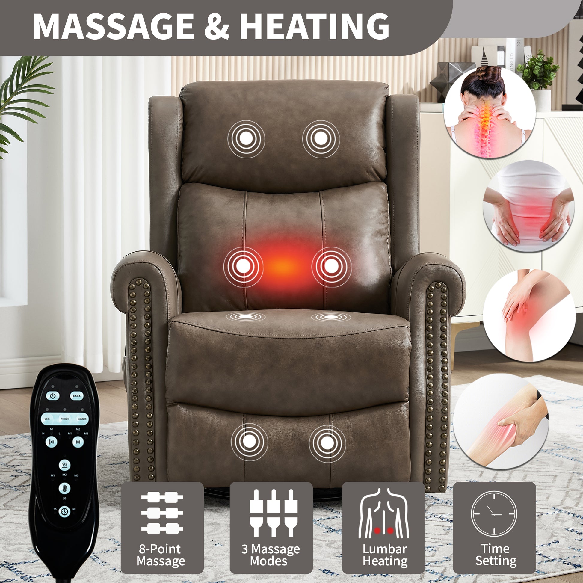 Genuine Leather Brown Gray Recliner Chair with Massage & Heat