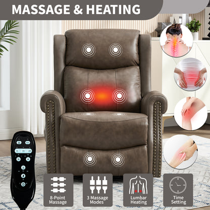Genuine Leather Brown Gray Recliner Chair with Massage & Heat