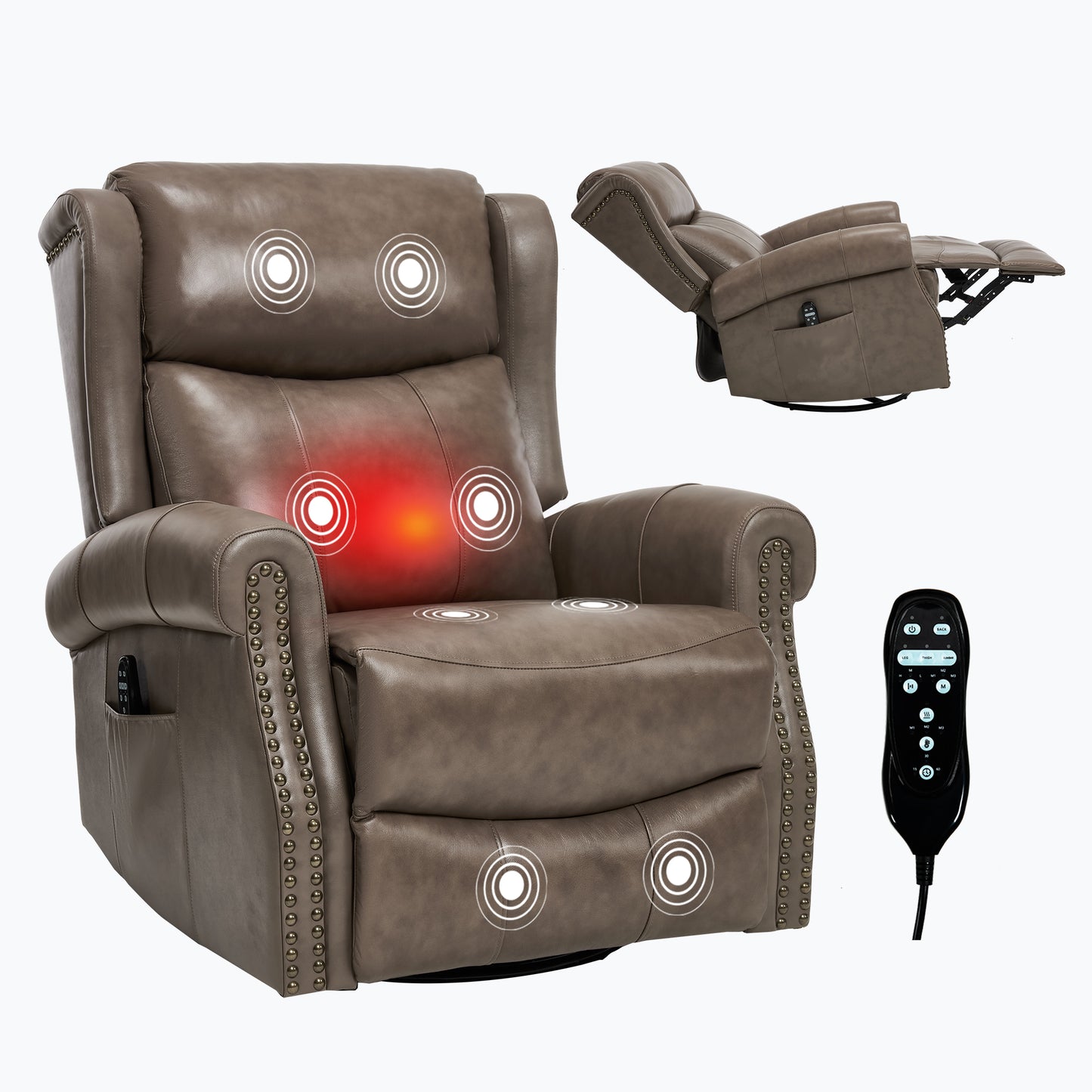 Genuine Leather Brown Gray Recliner Chair with Massage & Heat