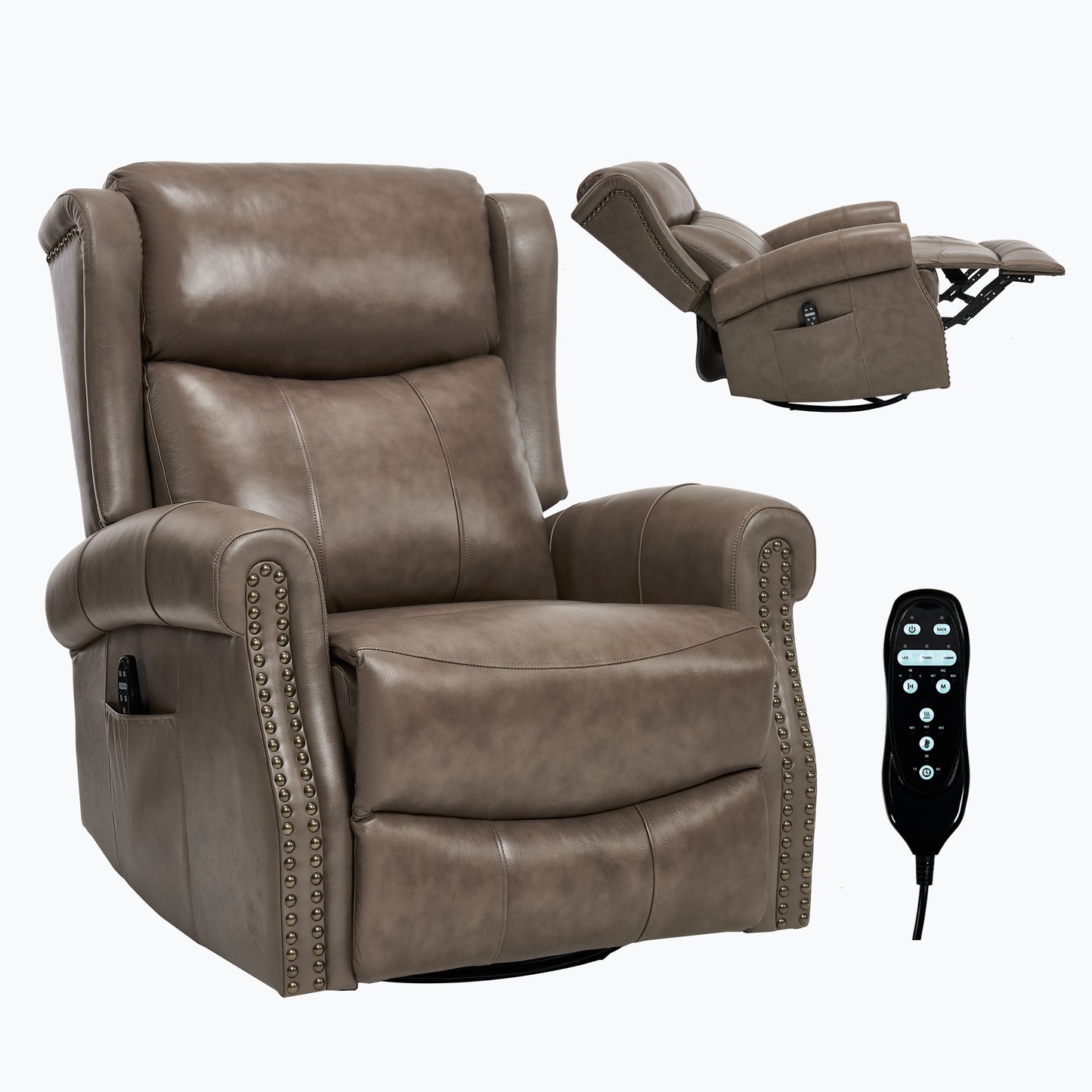 Genuine Leather Brown Gray Recliner Chair with Massage & Heat