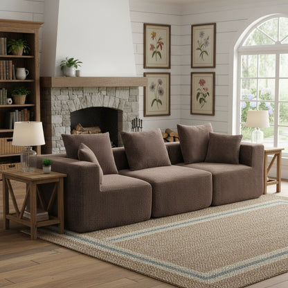 Oversized Modular Deep-Seat Sofa, 3-Piece All-Foam Sectional Couch in Soft Textured Fabric, Tool-Free Assembly, Apartment-Friendly Low Profile, 111" × 37" × 23.6"-Brown
