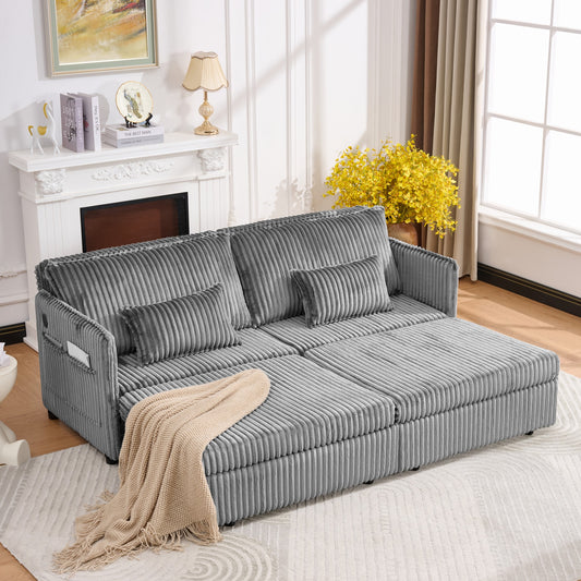 73" Grey Corduroy Sofa Bed - Pull Out Bed, Apartment Living for Living Room