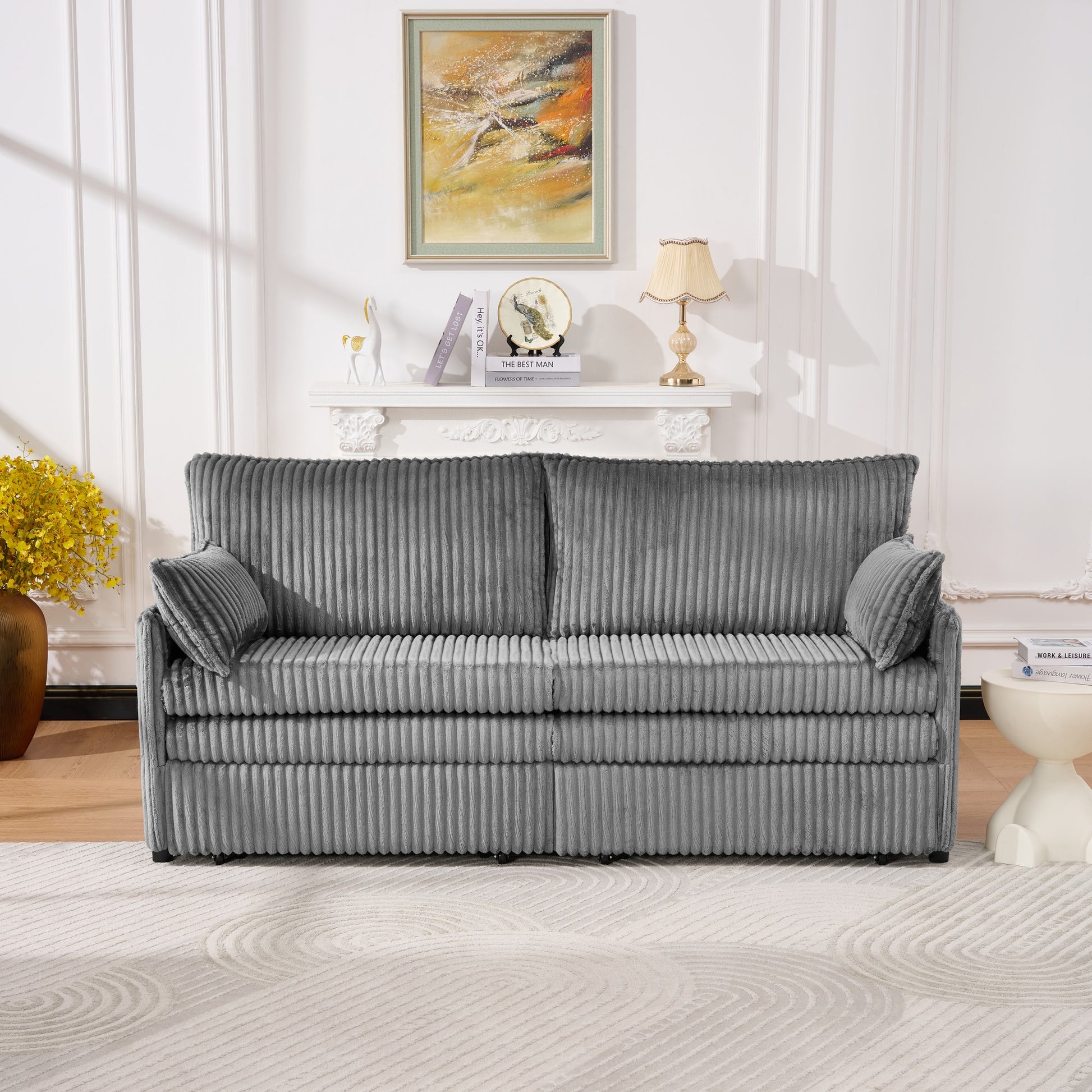 73" Grey Corduroy Sofa Bed - Pull Out Bed, Apartment Living for Living Room