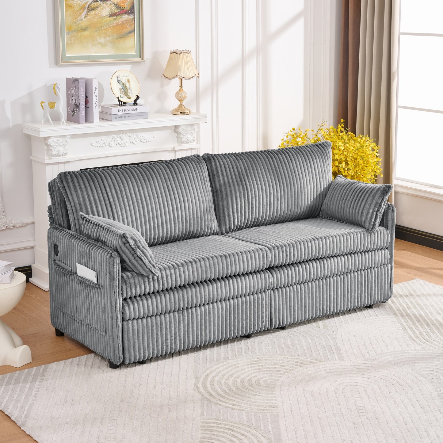 73" Grey Corduroy Sofa Bed - Pull Out Bed, Apartment Living for Living Room