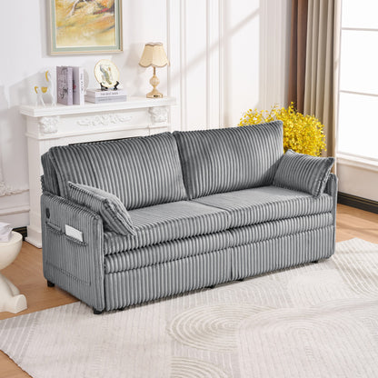 73" Grey Corduroy Sofa Bed - Pull Out Bed, Apartment Living for Living Room