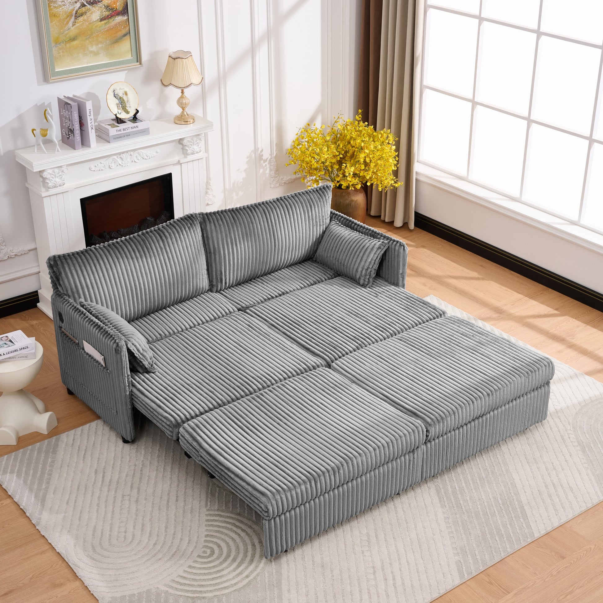 73" Grey Corduroy Sofa Bed - Pull Out Bed, Apartment Living for Living Room