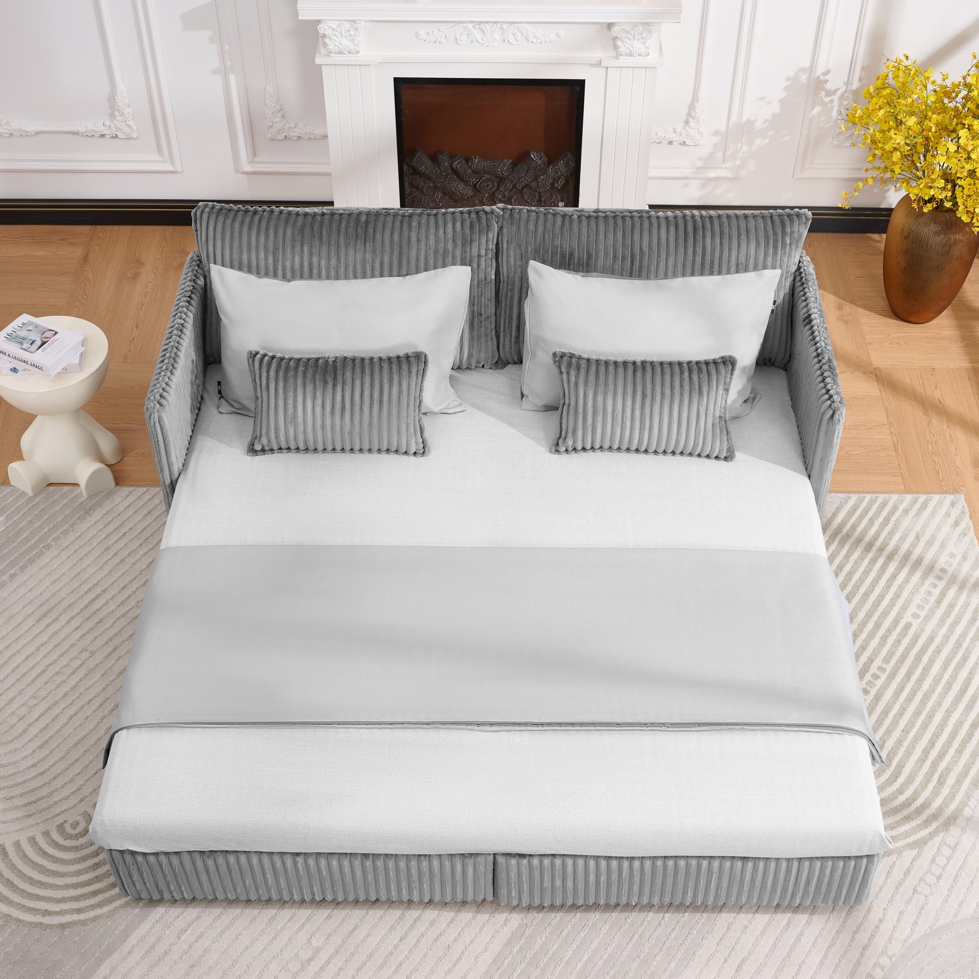 73" Grey Corduroy Sofa Bed - Pull Out Bed, Apartment Living for Living Room