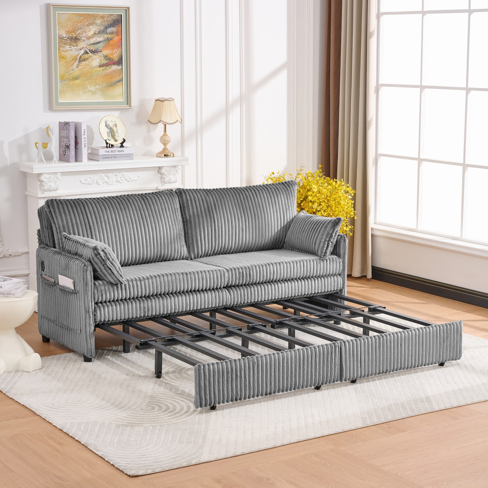 73" Grey Corduroy Sofa Bed - Pull Out Bed, Apartment Living for Living Room