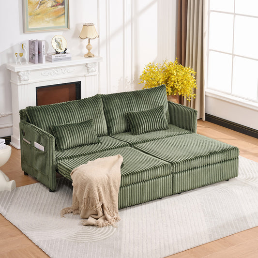 Modern Green Corduroy Sofa Bed with Storage and USB Charging for Living Room