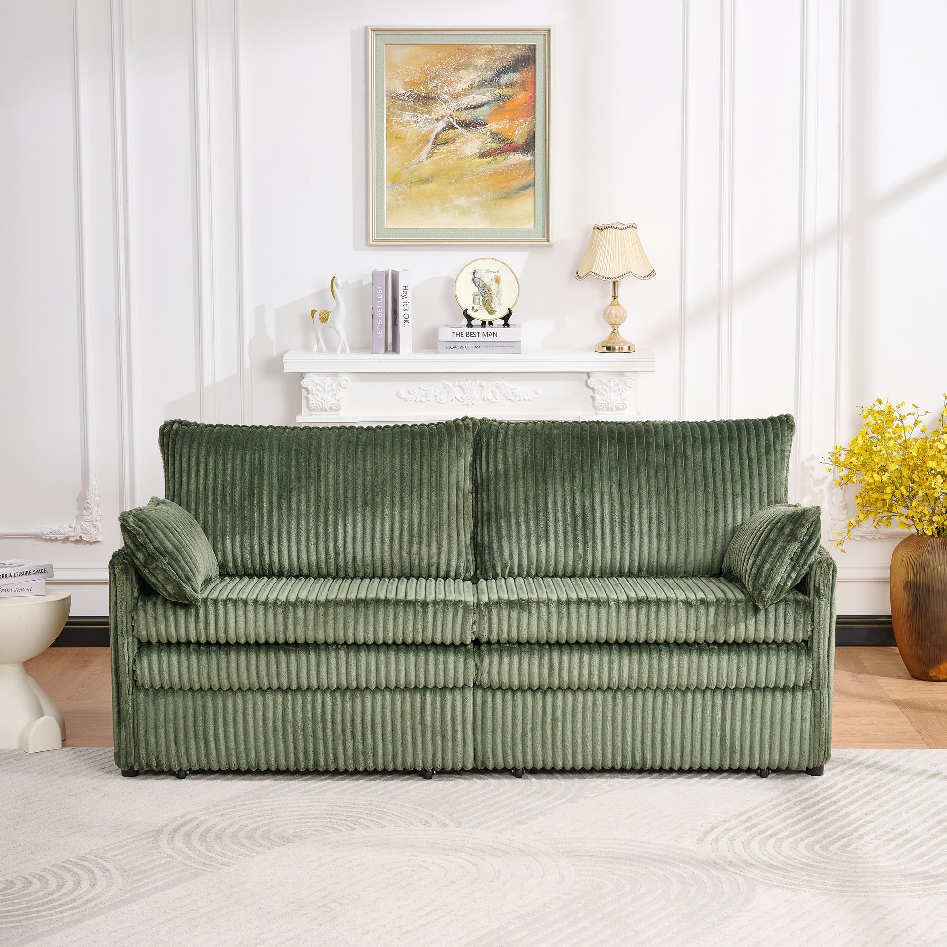 Modern Green Corduroy Sofa Bed with Storage and USB Charging for Living Room
