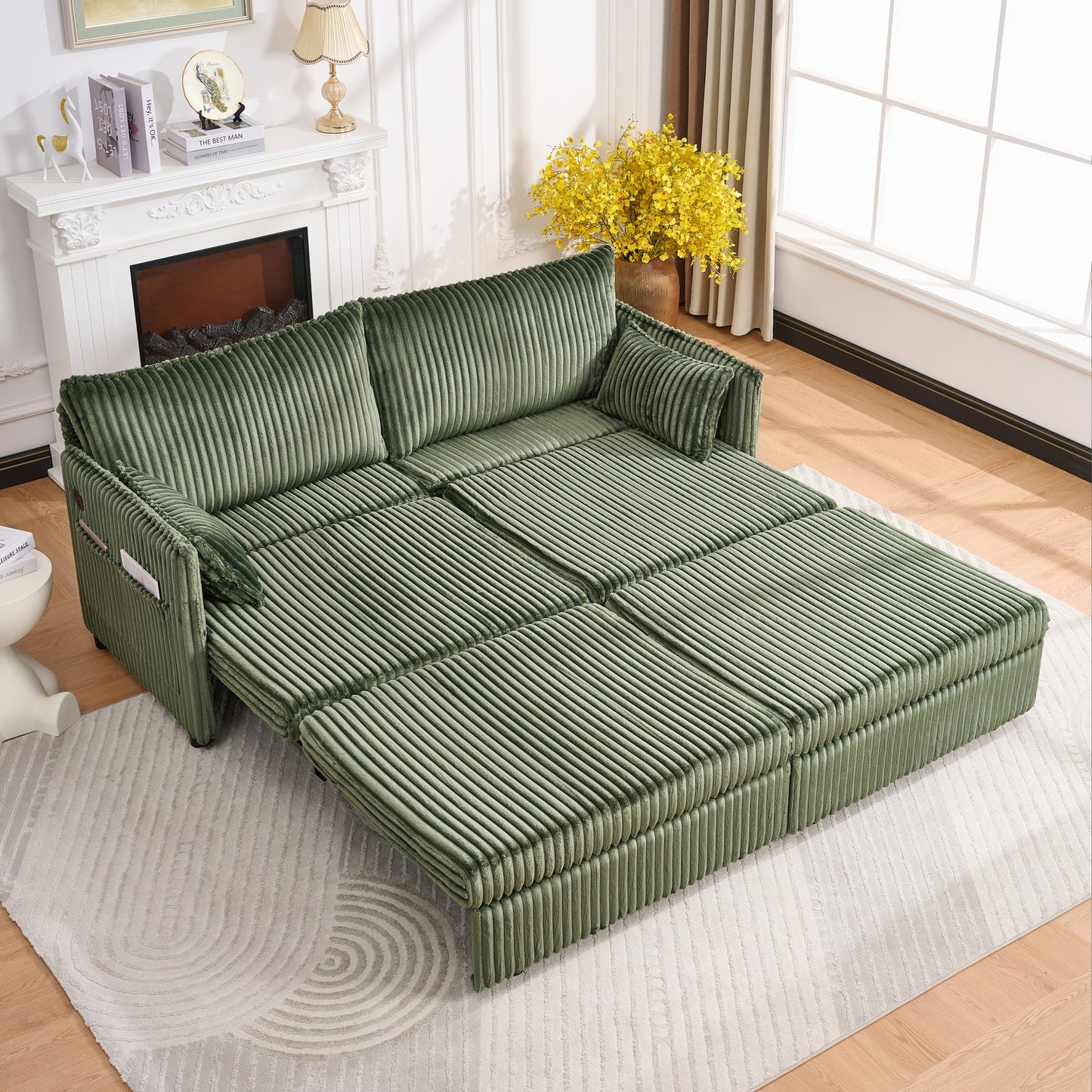 Modern Green Corduroy Sofa Bed with Storage and USB Charging for Living Room