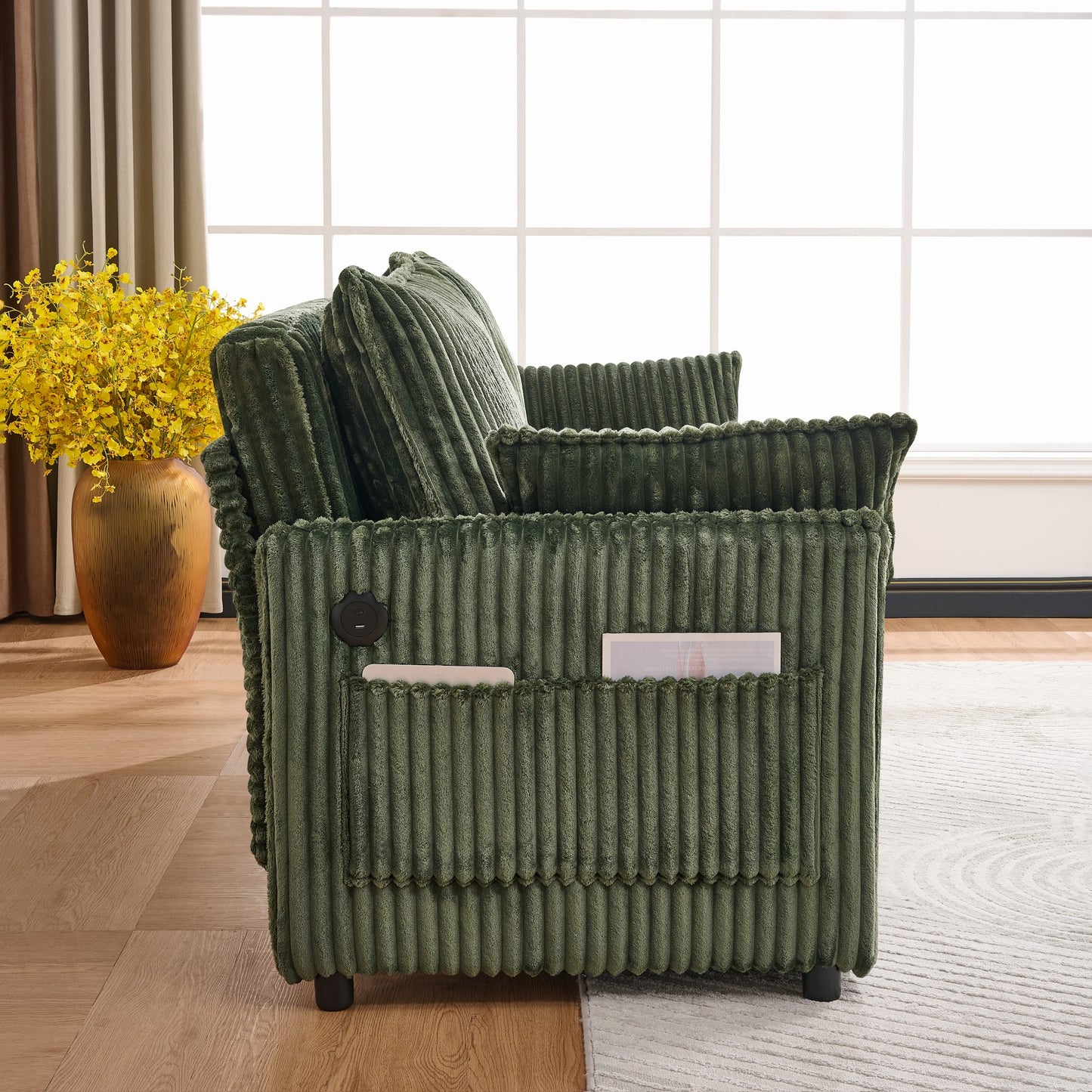 Modern Green Corduroy Sofa Bed with Storage and USB Charging for Living Room